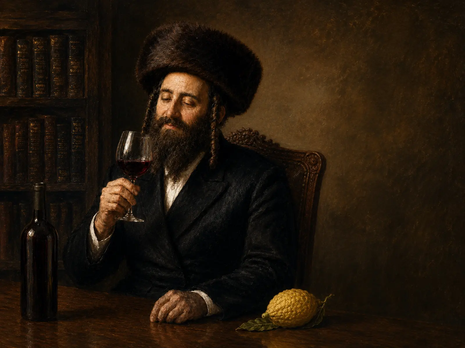 ציור: חסיד מריח כוס יין אדום ליד שולחן עם אתרוג