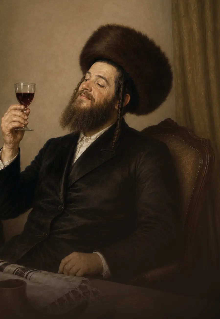 ציור: חסיד מרים כוס יין בשולחן החג